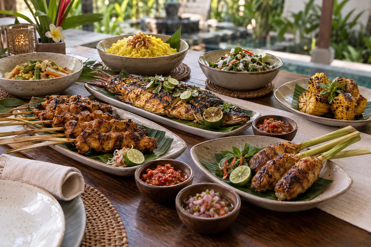 Chicken satay, grilled fish, corn, turmeric rice and sambals on sharing platters