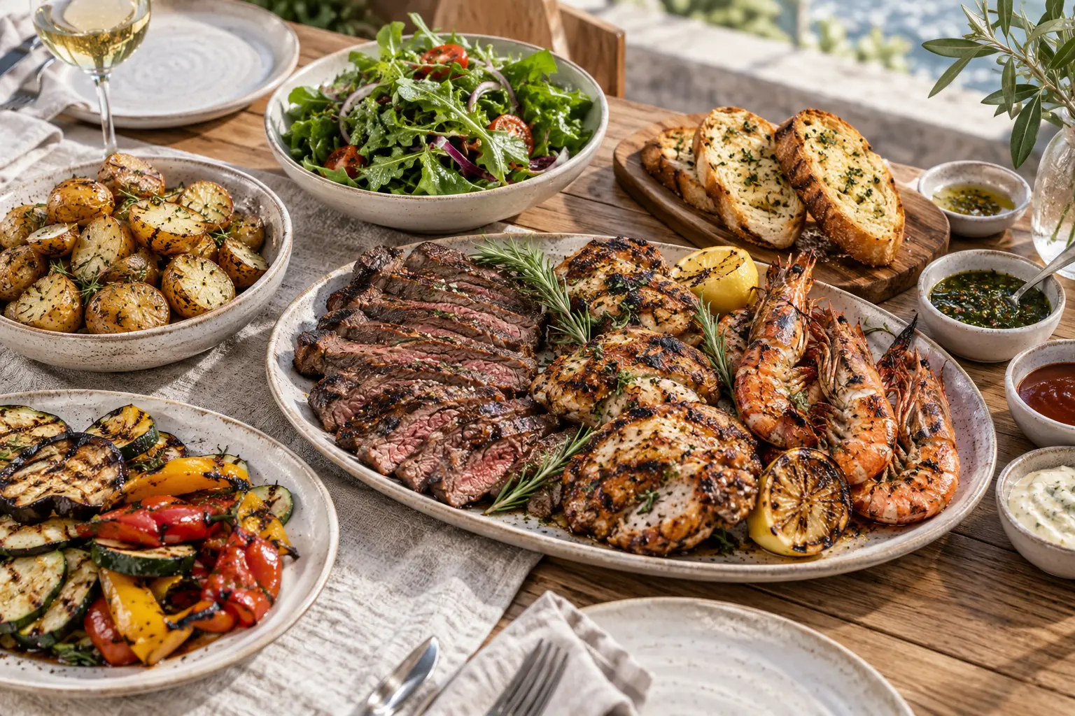 Grilled beef, chicken and prawns with potatoes, salad and garlic bread