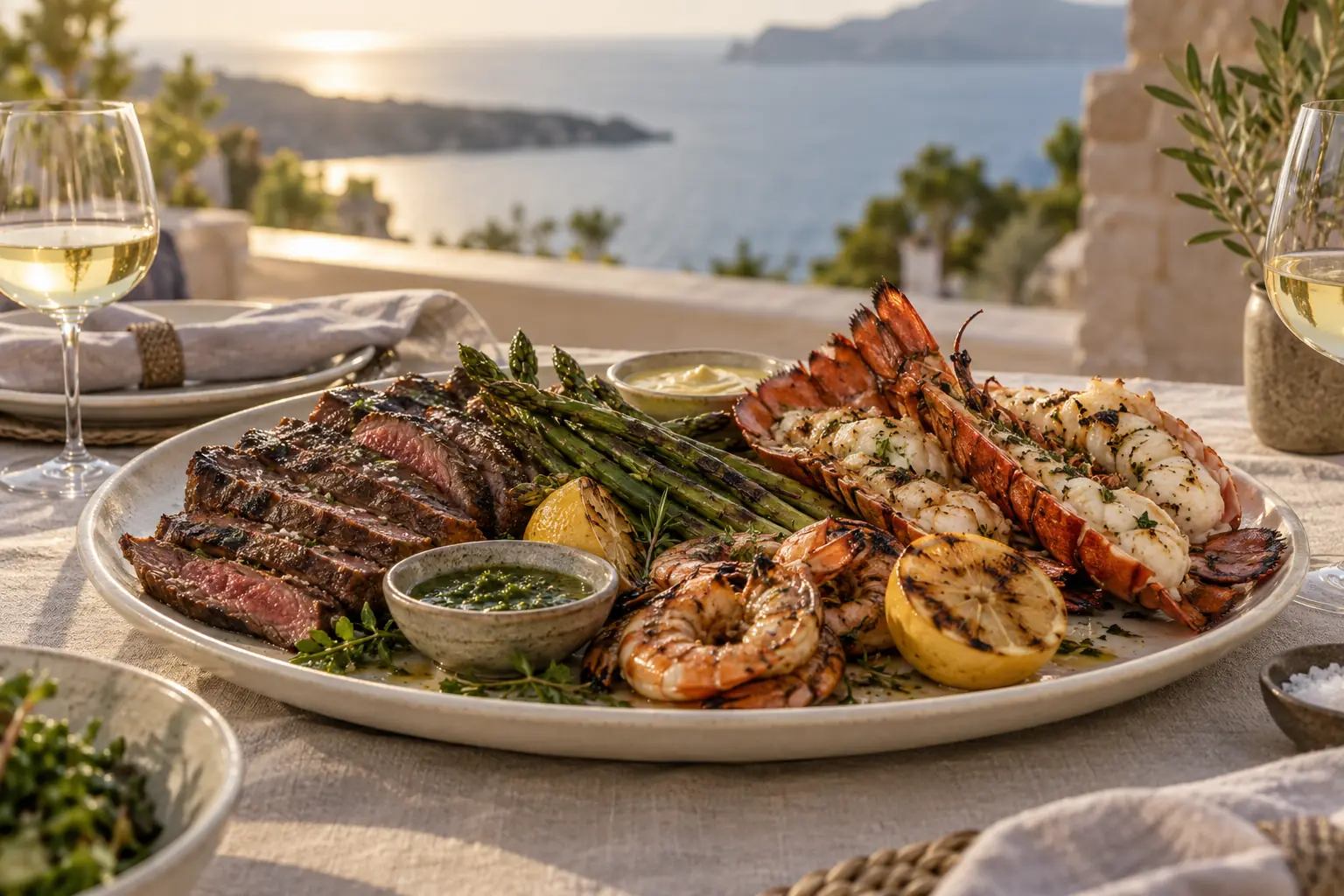 Sliced grilled beef, lobster tails and prawns with asparagus and lemon