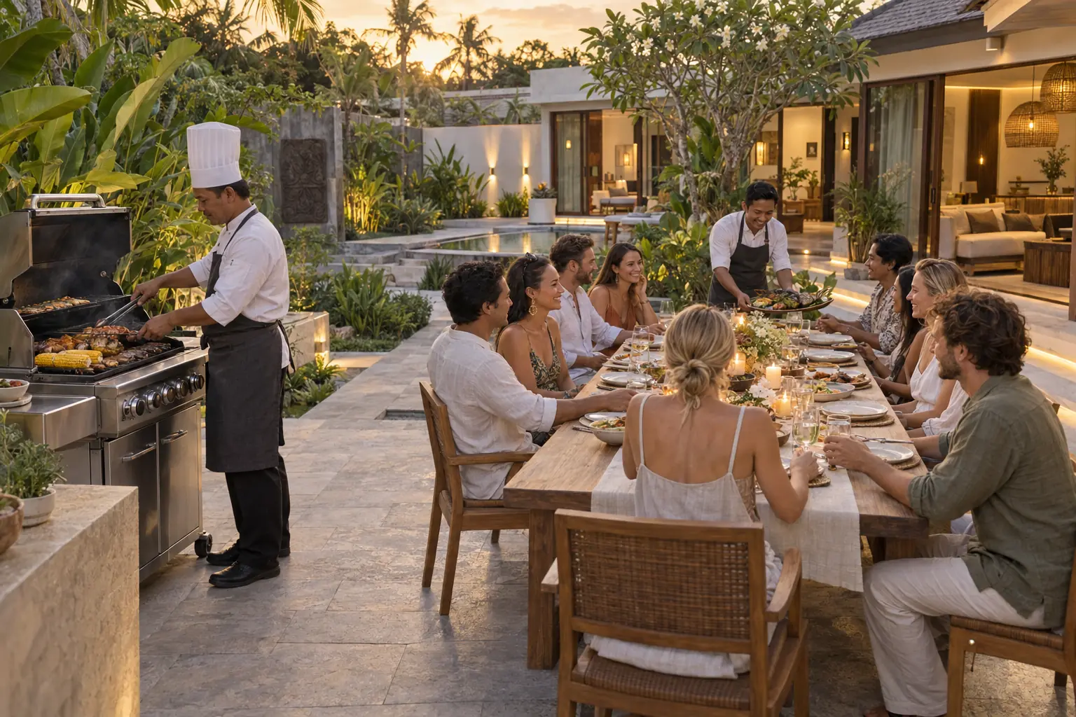 Chef at a stainless-steel gas grill and a server presenting a platter to seated guests at an outdoor villa table