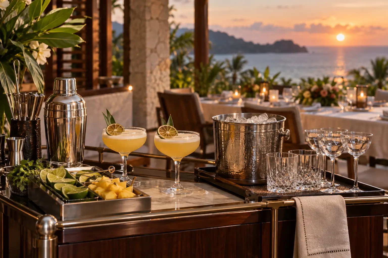 Citrus cocktails, a shaker and glassware on a compact terrace bar