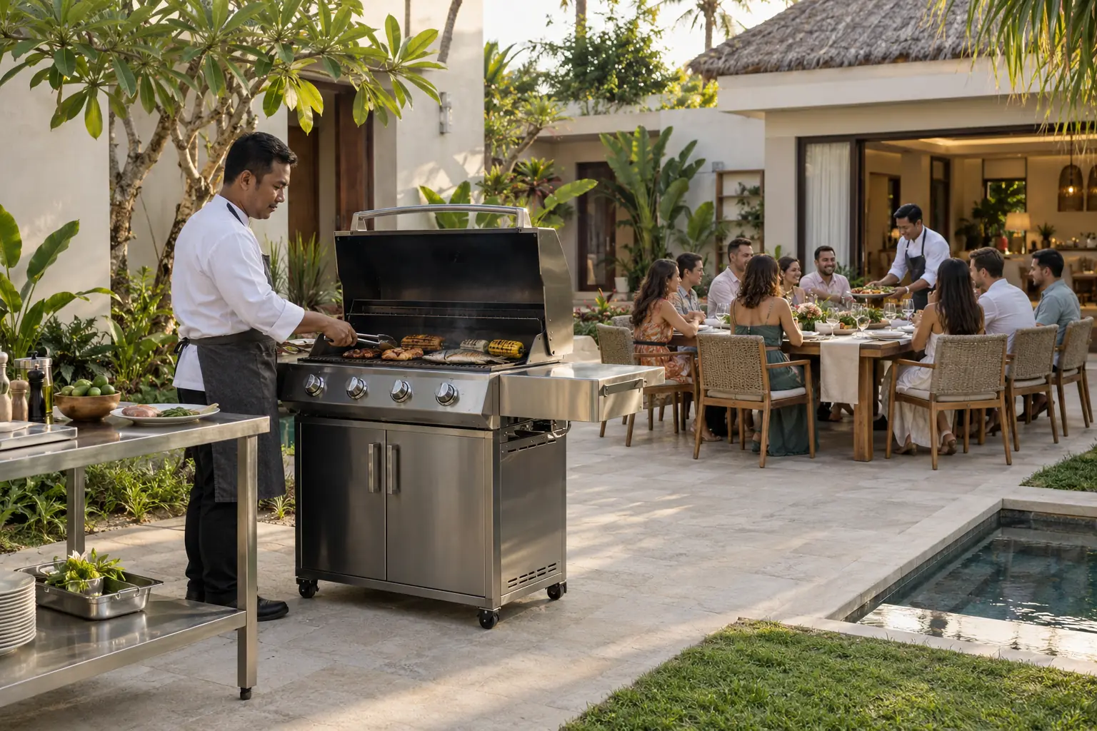 Professional gas grill and preparation station with a chef cooking and guests being served at an outdoor villa table
