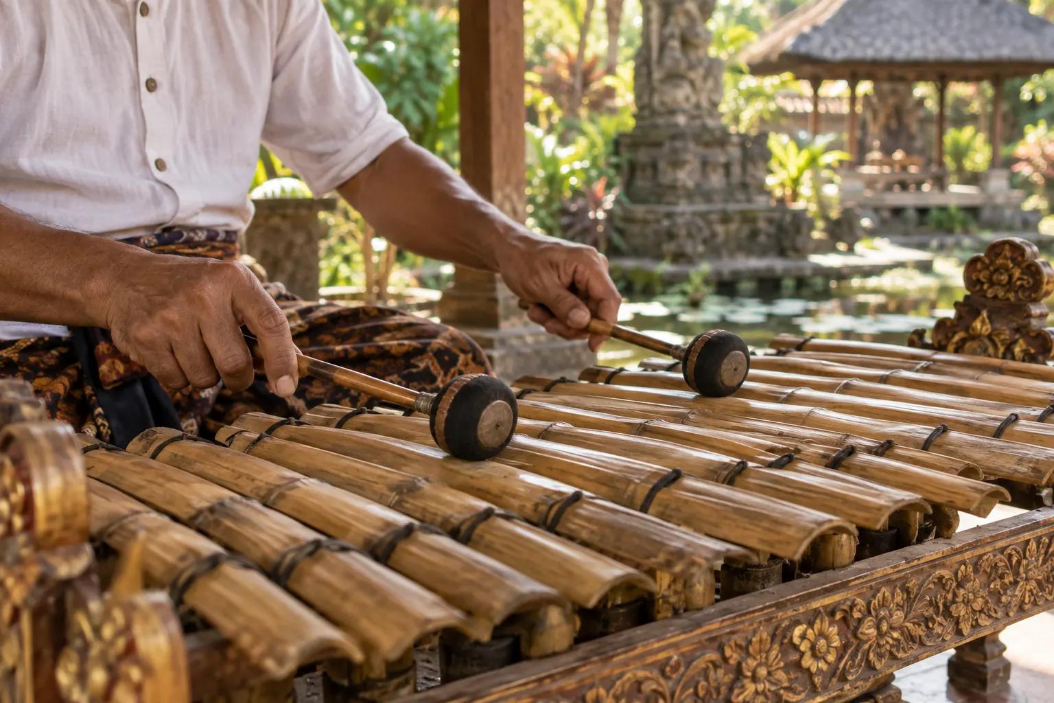 Musician playing a bamboo rindik instrument in an open garden pavilion