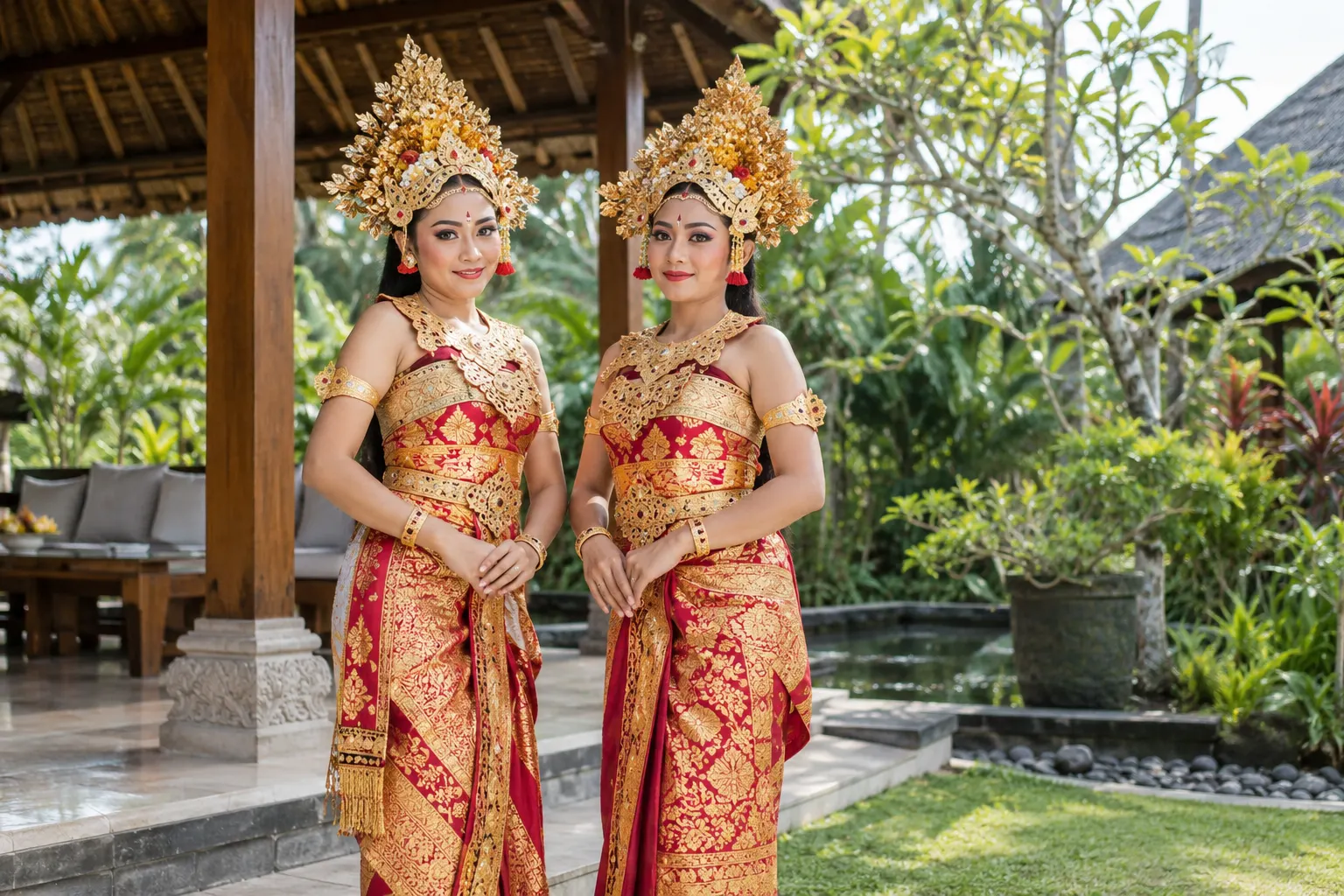 Balinese dancers in gold and red performance costumes beside a pavilion
