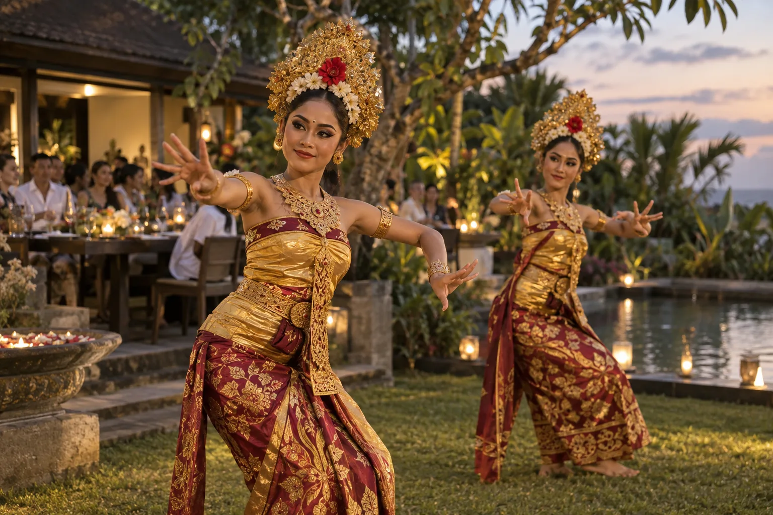 Balinese dancers in gold and red costumes performing in a tropical garden