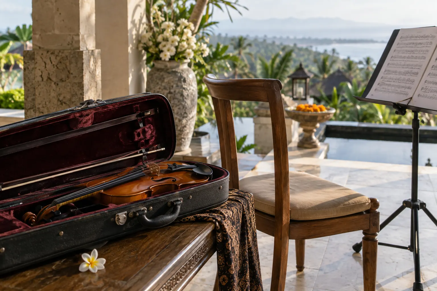 Violin and bow in an open case beside a ceremony music stand