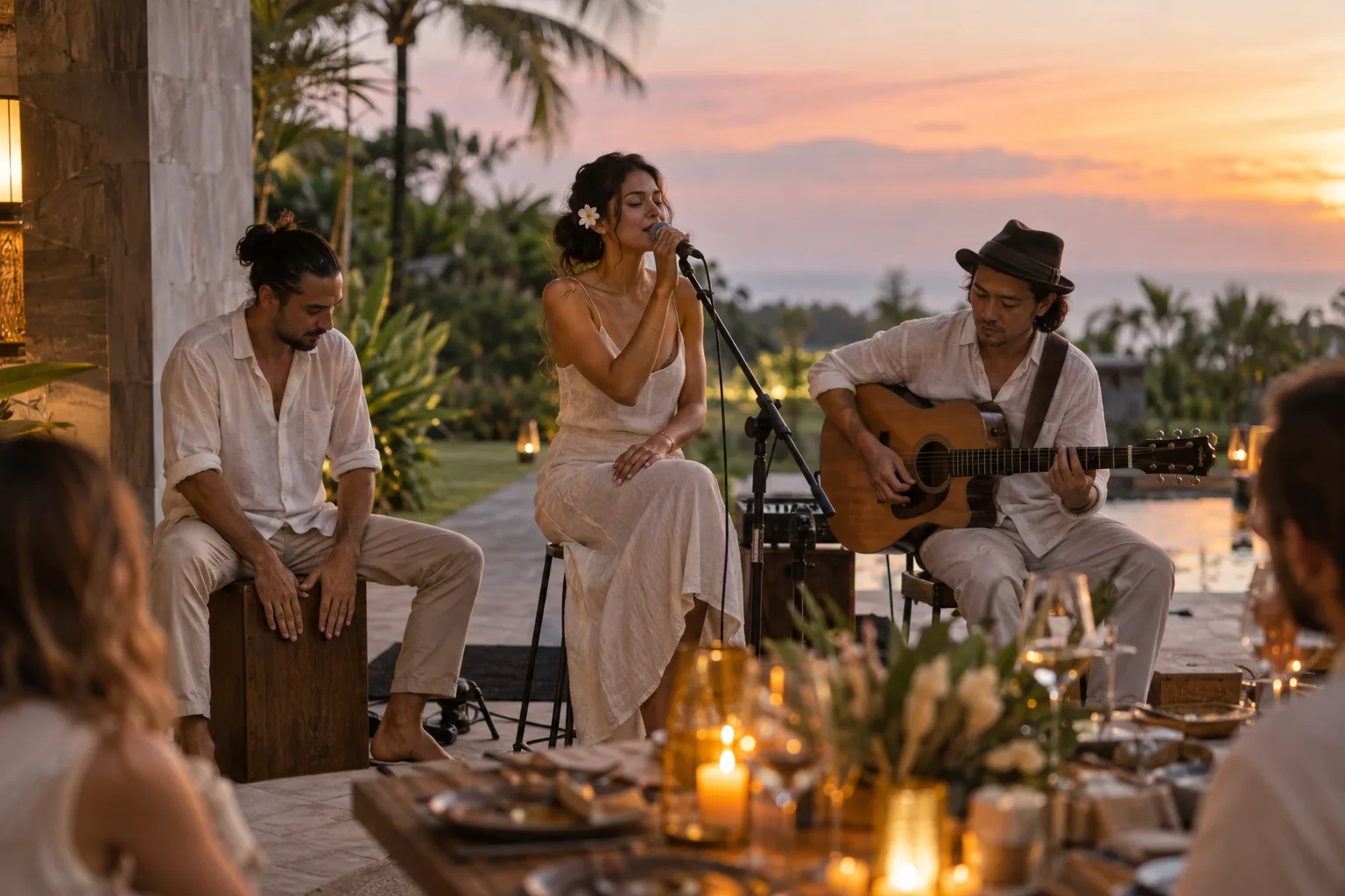 Singer, guitarist and cajon player performing beside a villa dinner table