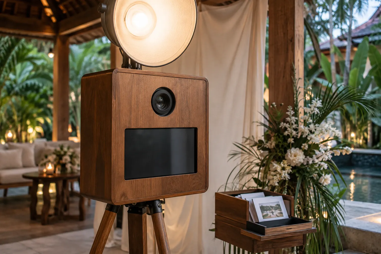 Wooden photo booth with a soft light, camera and print tray