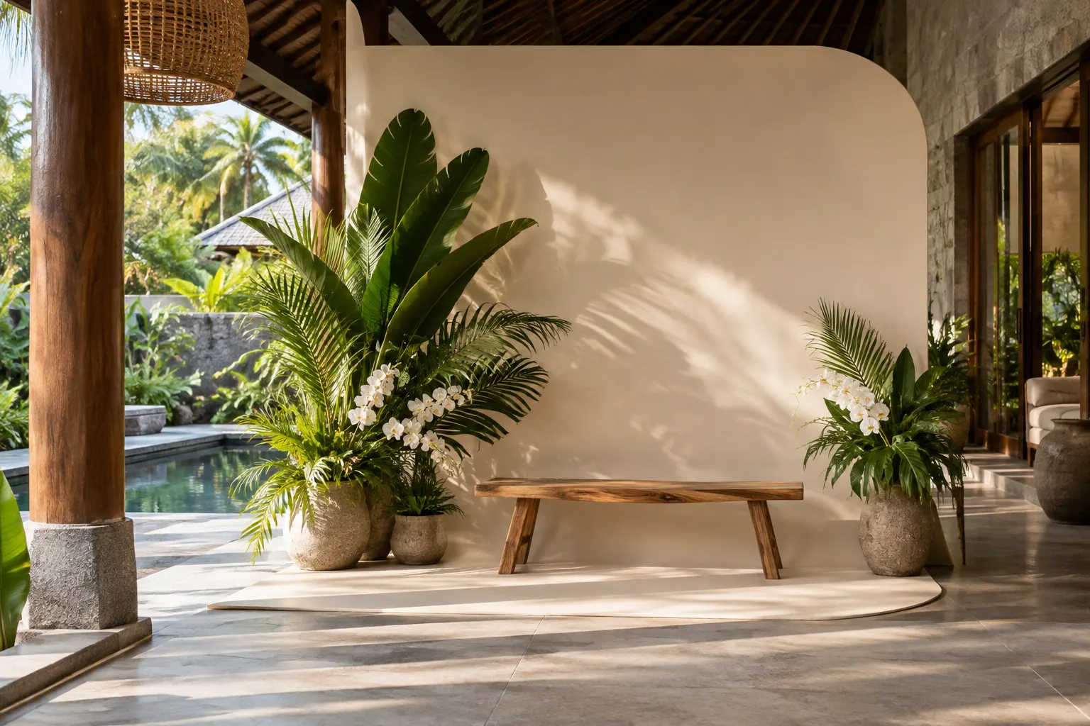 Covered villa photo corner with a neutral backdrop and tropical foliage