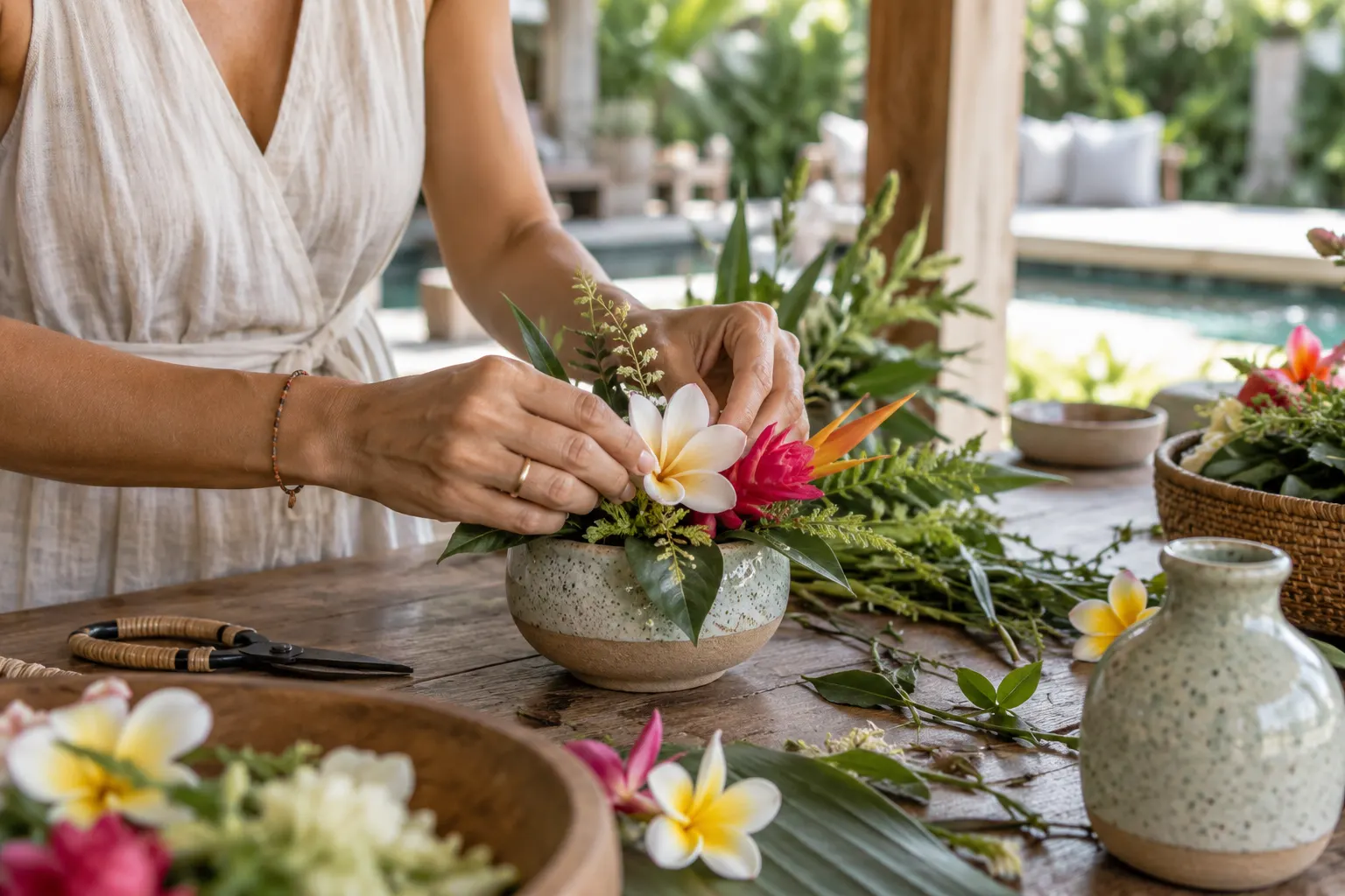 Hands arranging tropical flowers at a creative workshop table