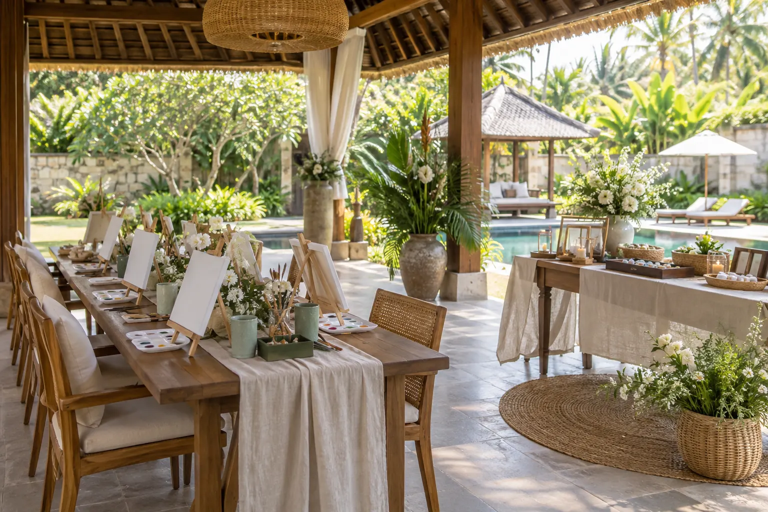 Painting and keepsake stations arranged beneath a shaded villa pavilion