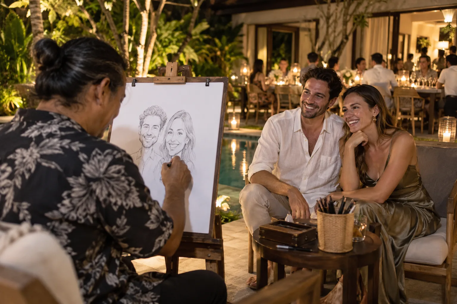 Artist drawing a guest portrait at an easel beside a garden celebration