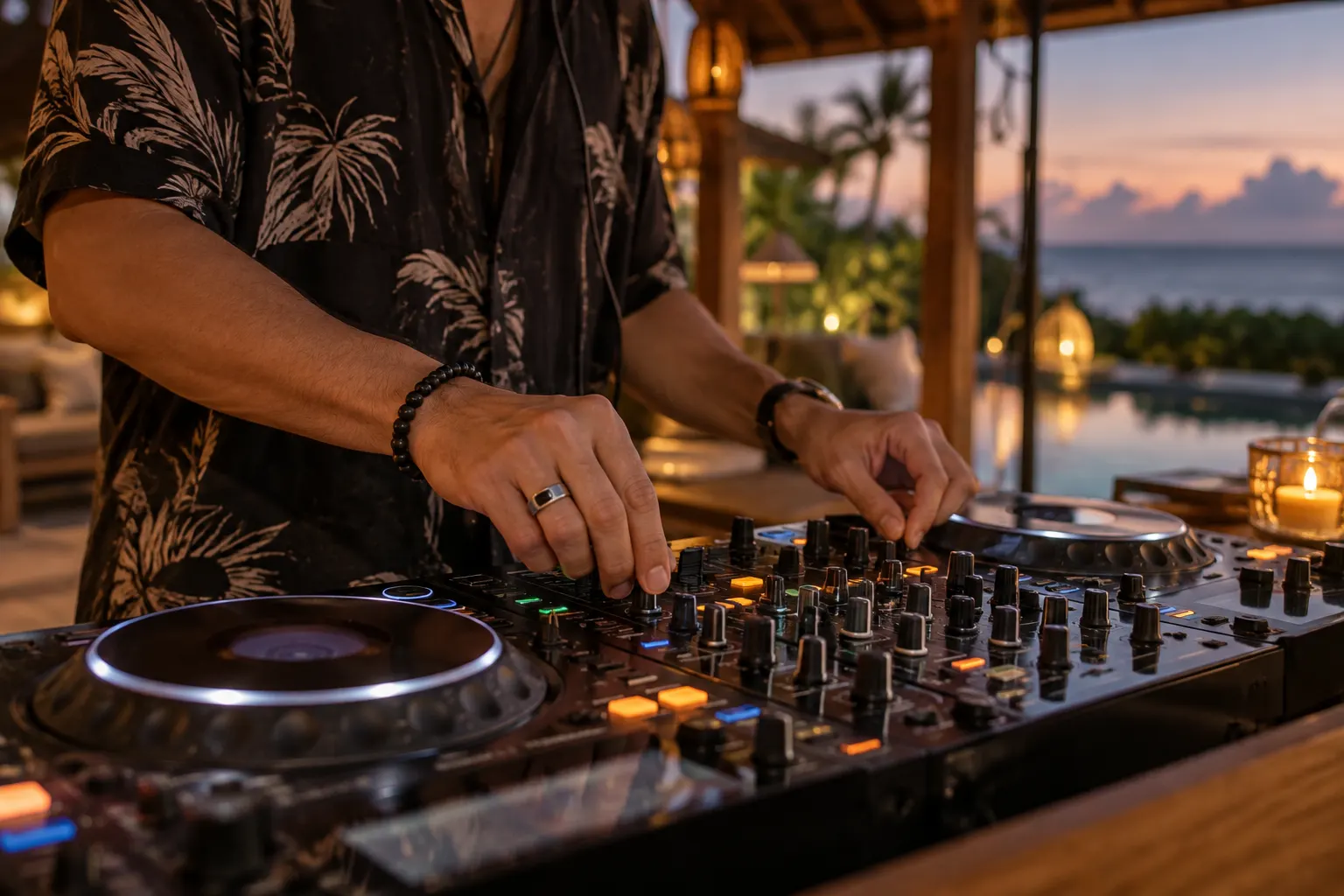 DJ adjusting a mixing controller on a covered villa terrace at dusk