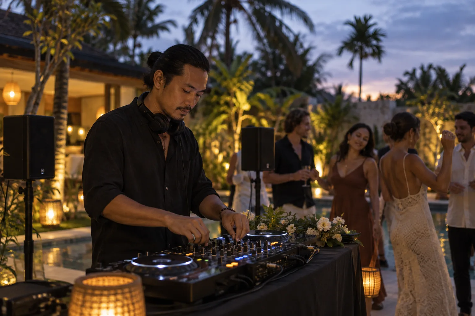 DJ working a controller beside a tropical villa dance area at dusk