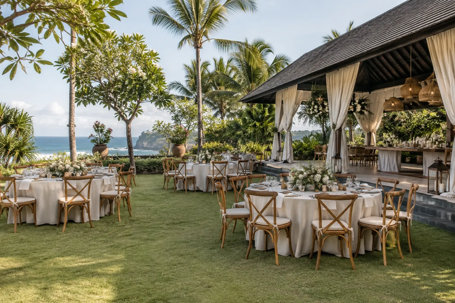 Wooden chairs, linen-covered tables and a canopy arranged with generous garden aisles