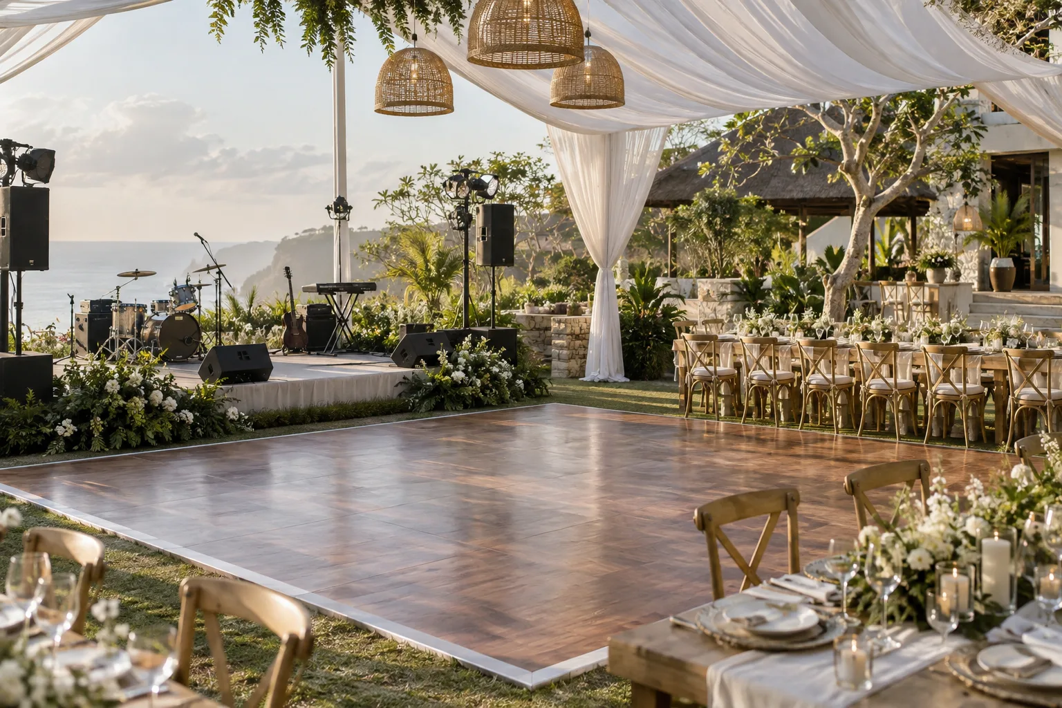 Prepared villa event with a low stage, wooden dance floor, canopy and seating