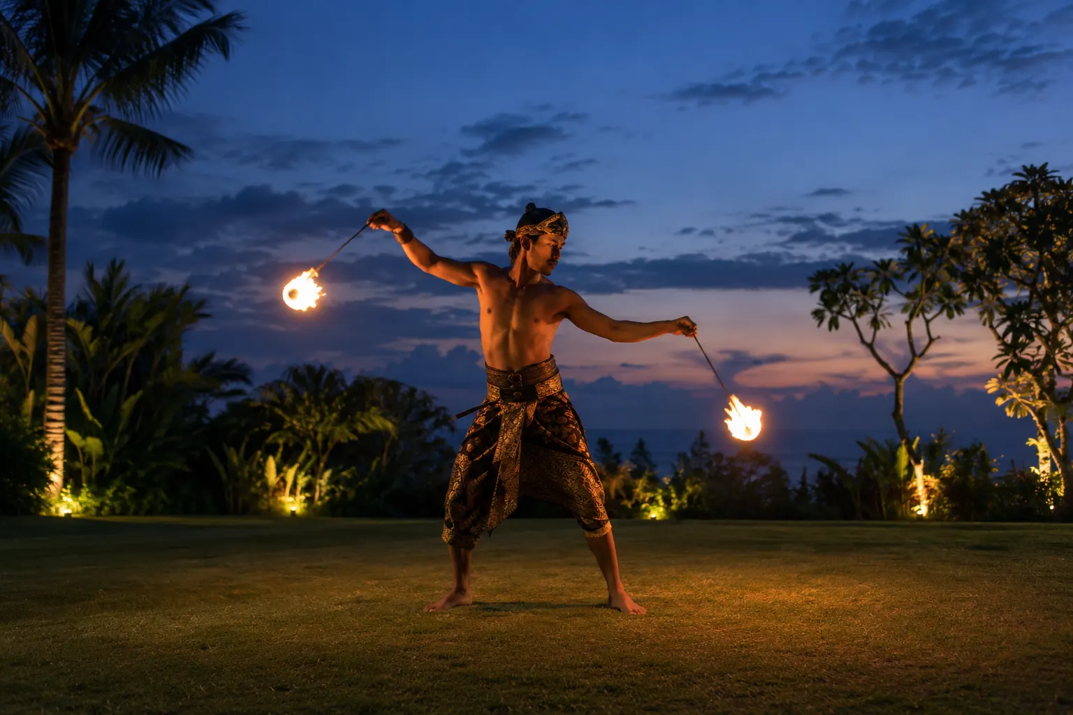 Solo fire performer on a spacious open garden lawn at blue hour
