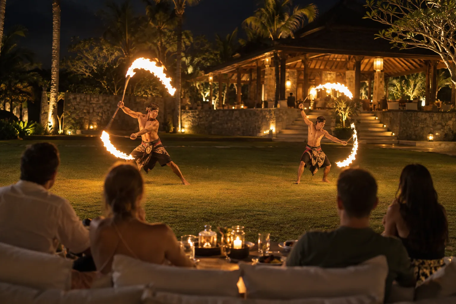 Two fire performers making flame arcs on an open garden lawn at night