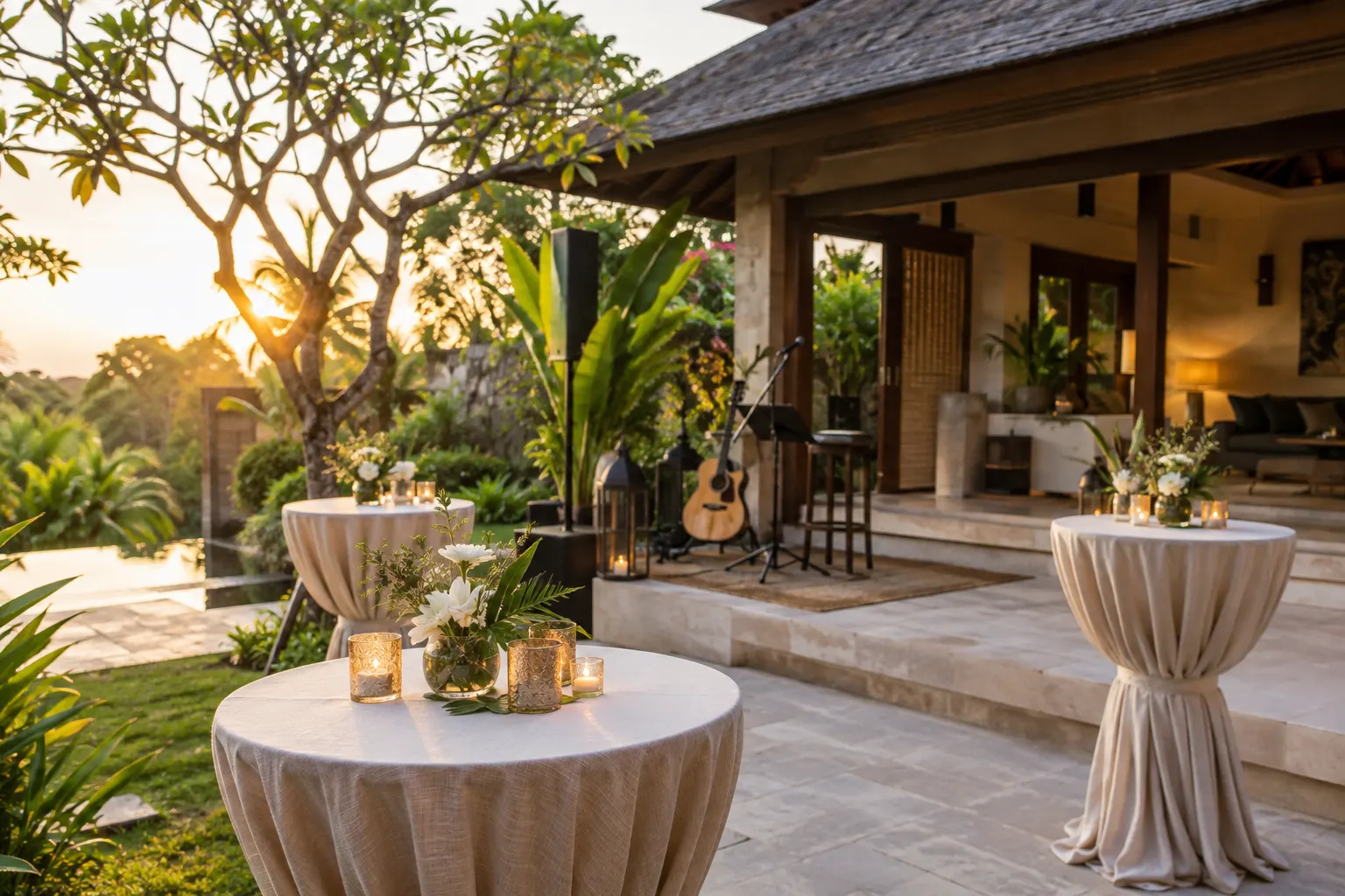 Welcome drinks tables and an acoustic music corner on a sunlit villa terrace
