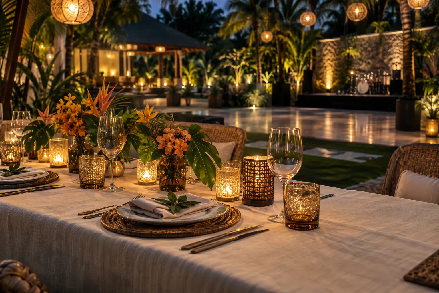 Candlelit dinner table overlooking a softly lit tropical garden dance area