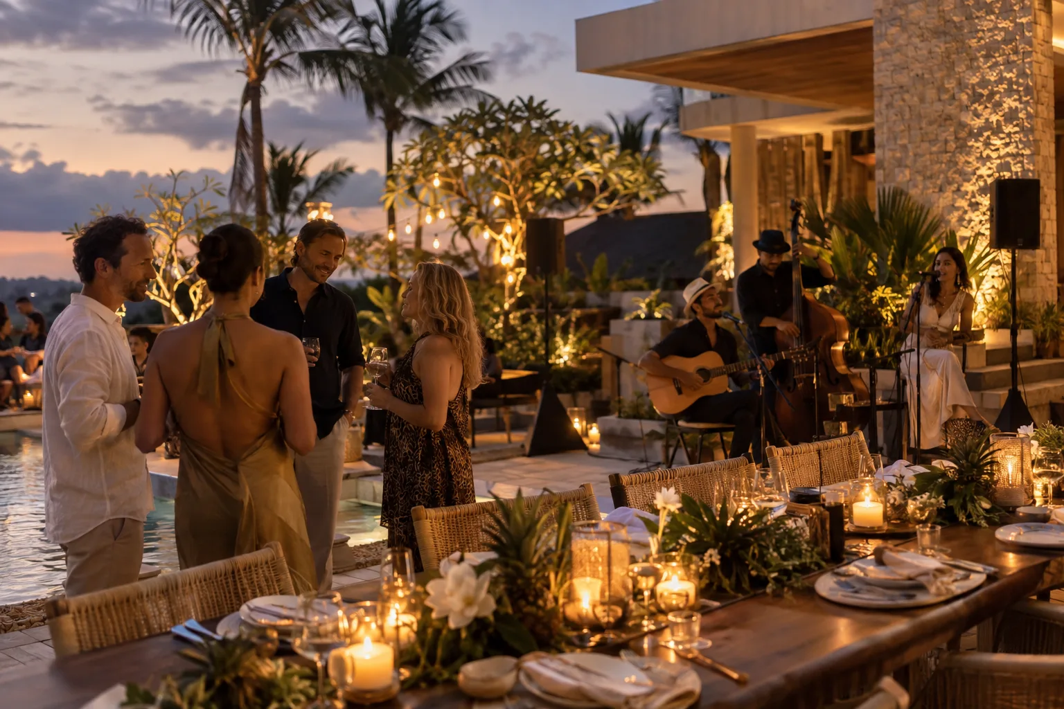 Acoustic musicians and guests on a candlelit tropical villa terrace