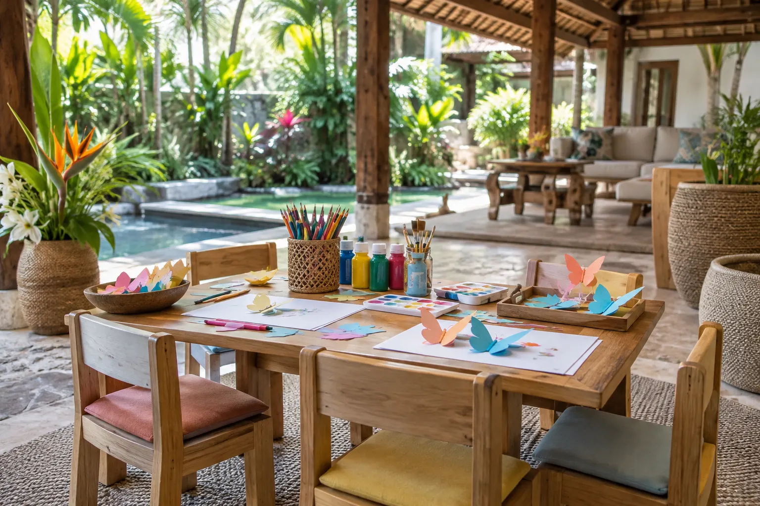 Colourful craft materials and paper butterflies on a shaded children’s activity table