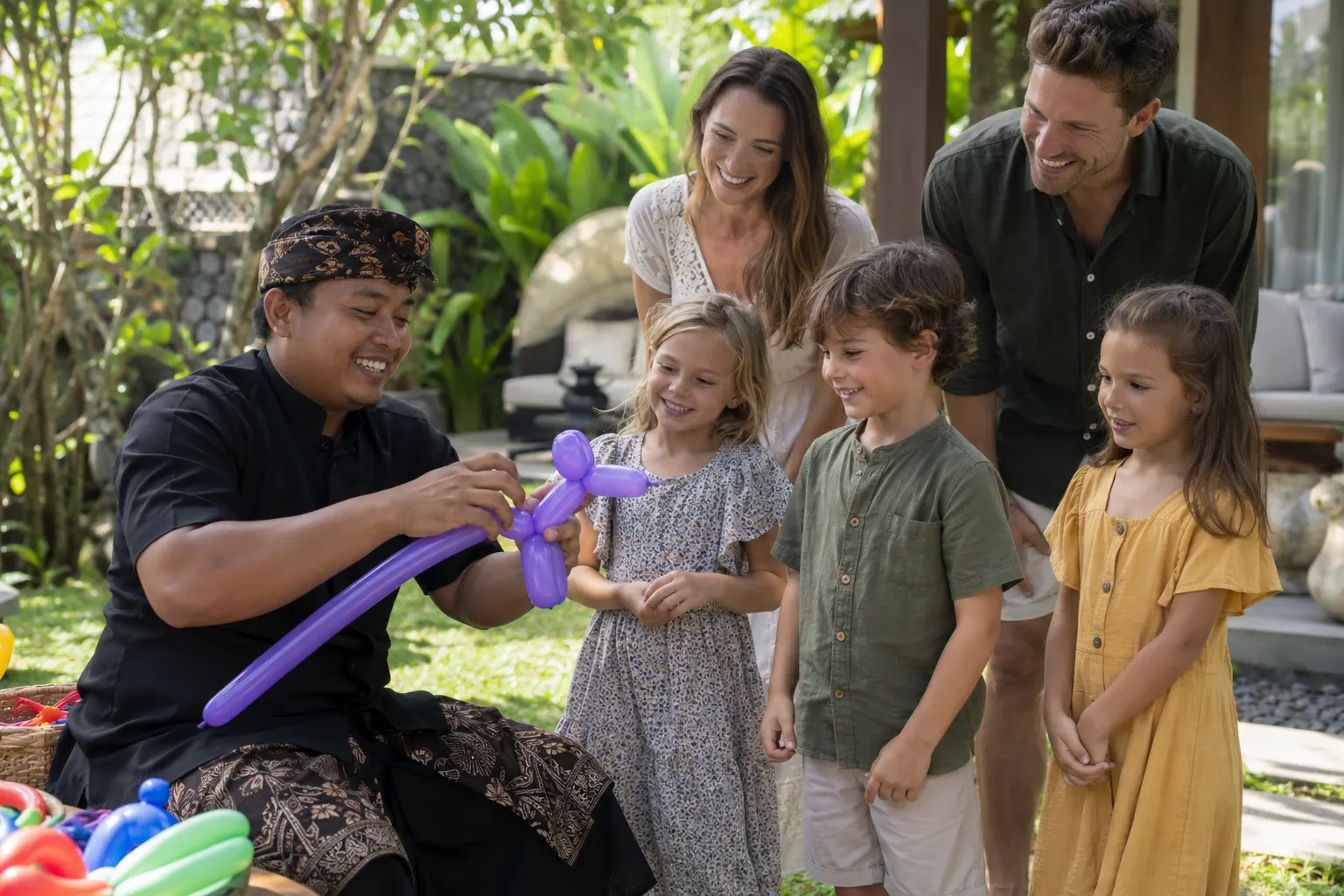 Balloon entertainer with children and their parents in a villa garden