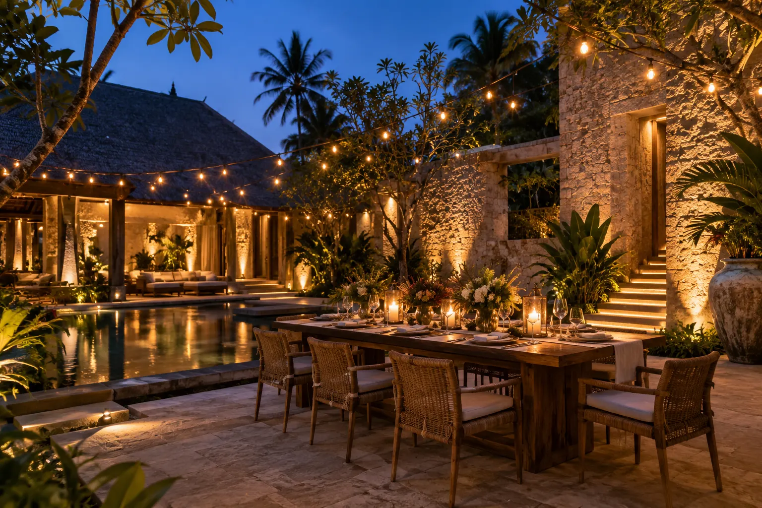 Warm festoon lights and amber uplighting around a tropical villa dining courtyard