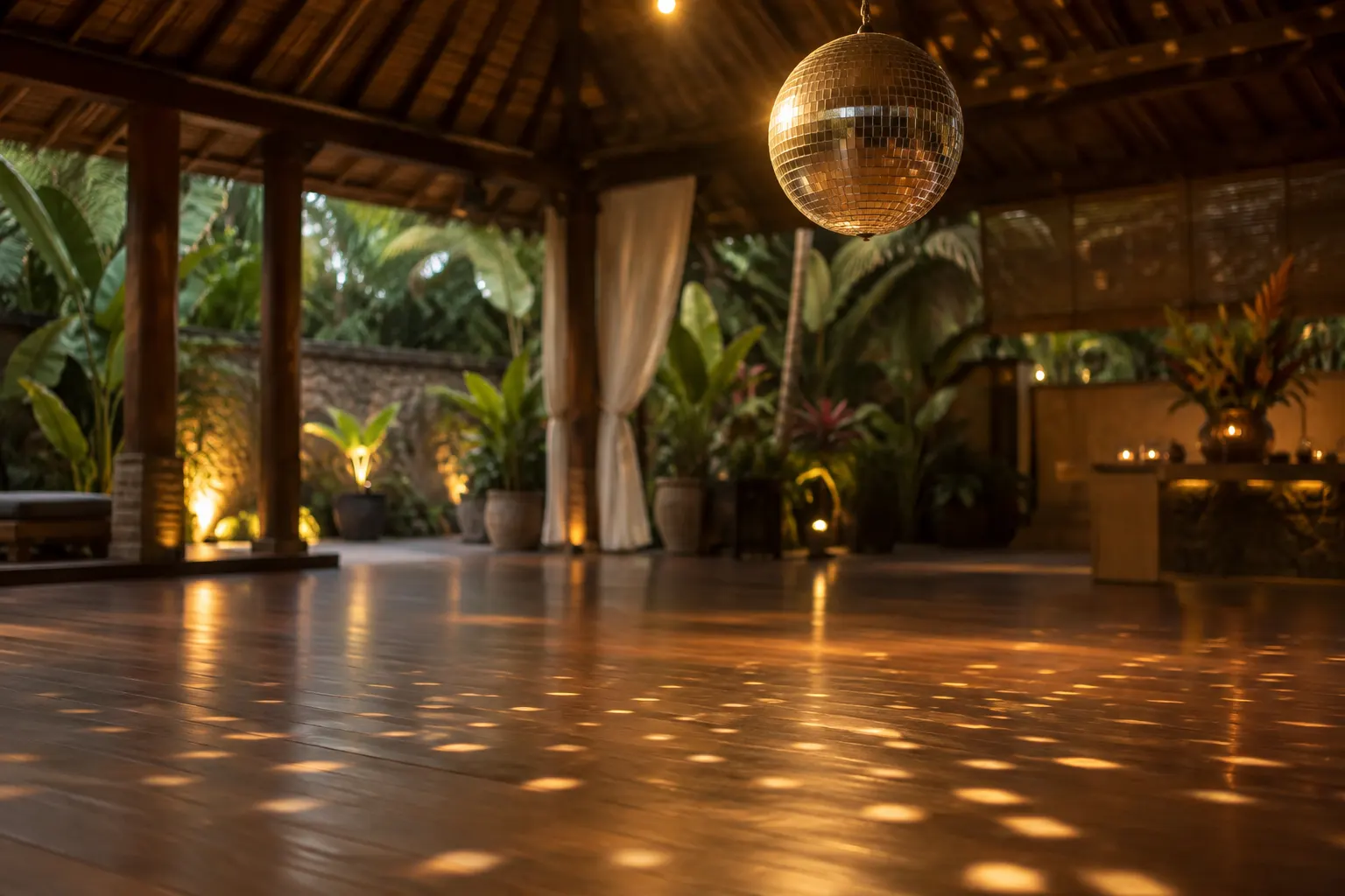 Mirror ball reflecting warm light across a timber dance floor