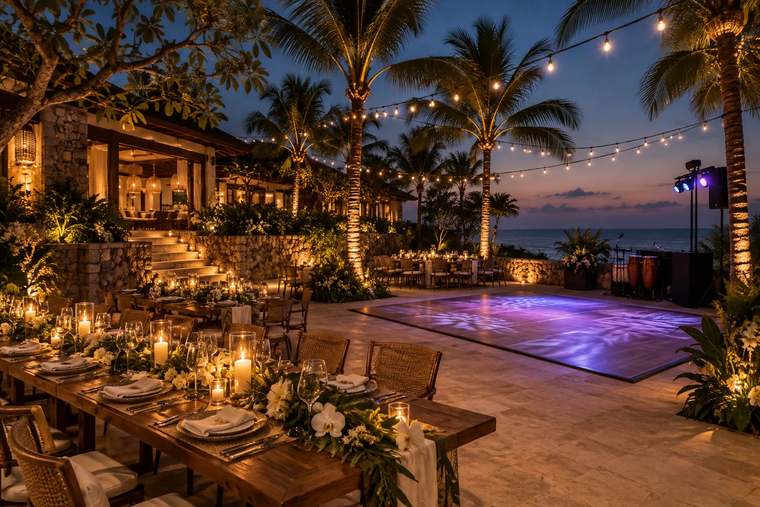 Amber garden uplights and soft violet lighting around a villa dance floor
