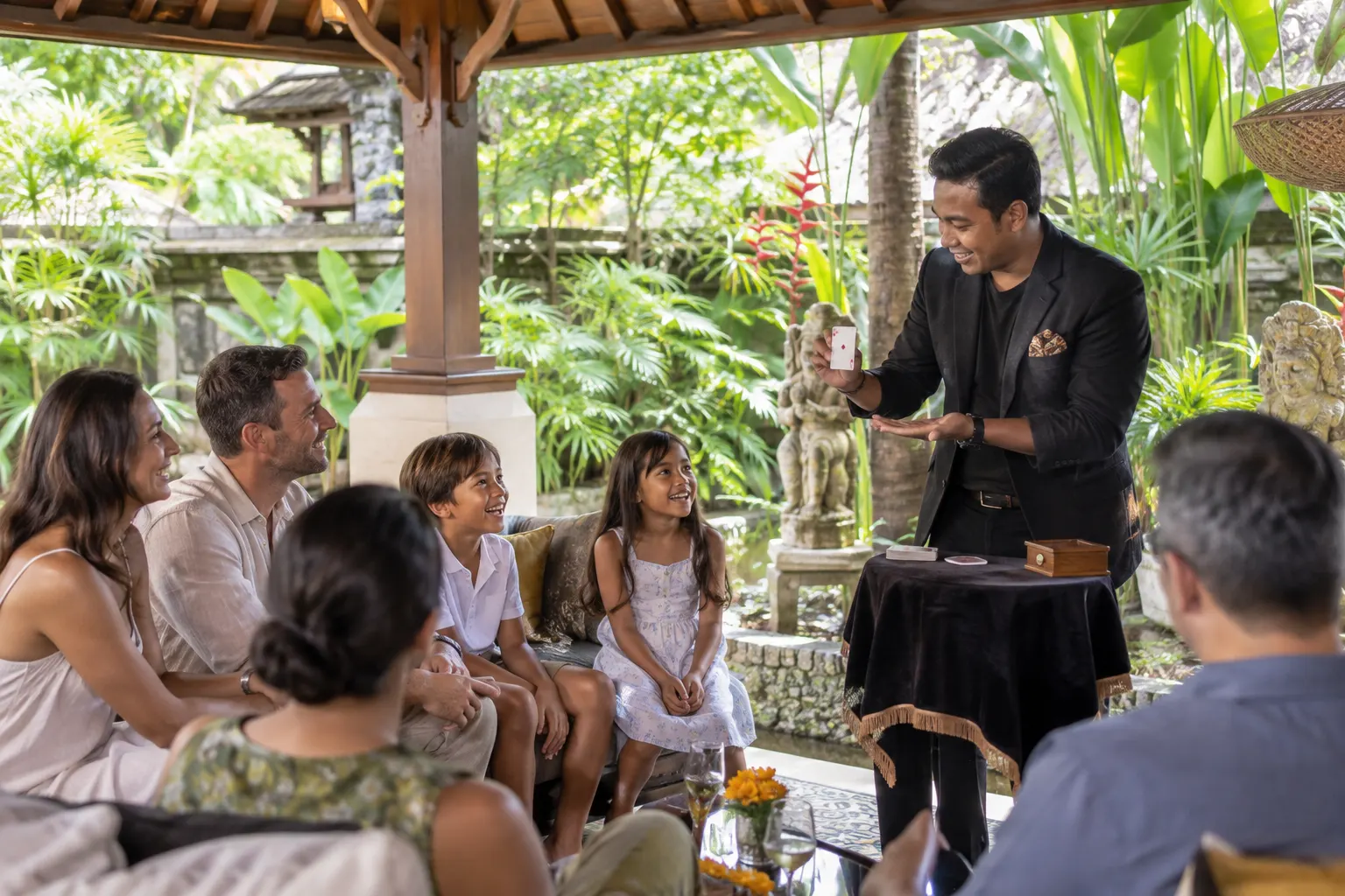 Family magic performance with a small table in a covered garden pavilion