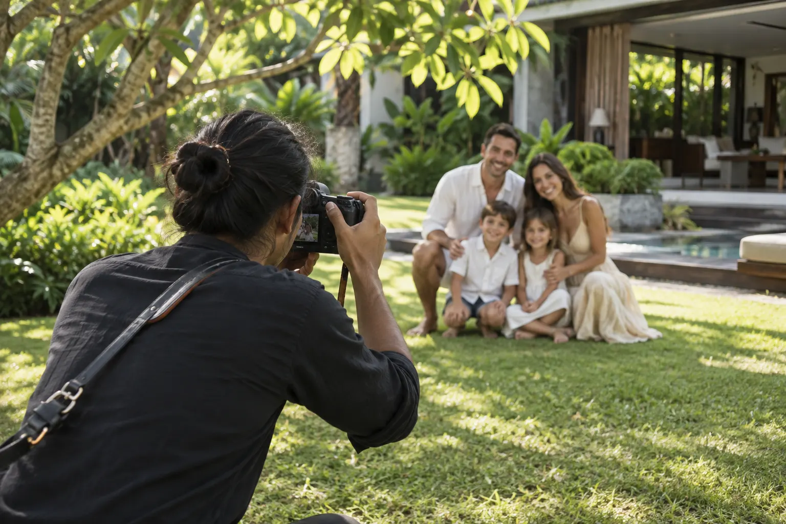 Photographer composing a family portrait on a shaded villa lawn