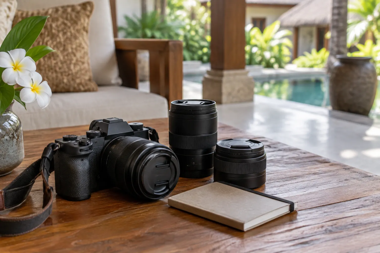 Camera and capped lenses arranged on a teak veranda table