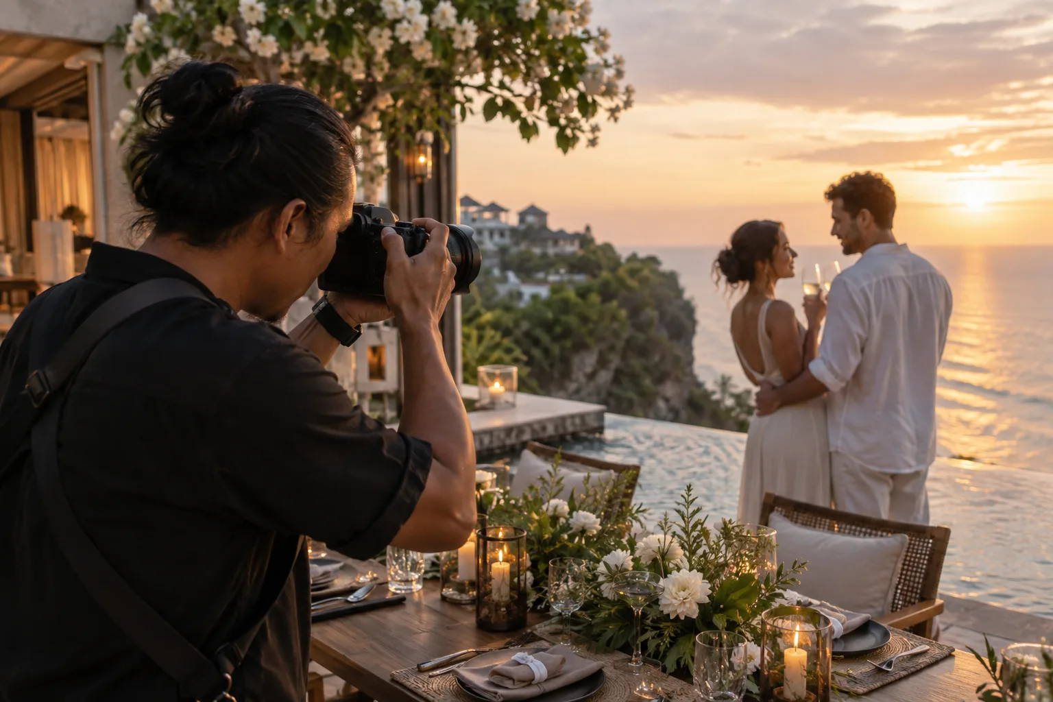 Photographer using a mirrorless camera during a villa celebration