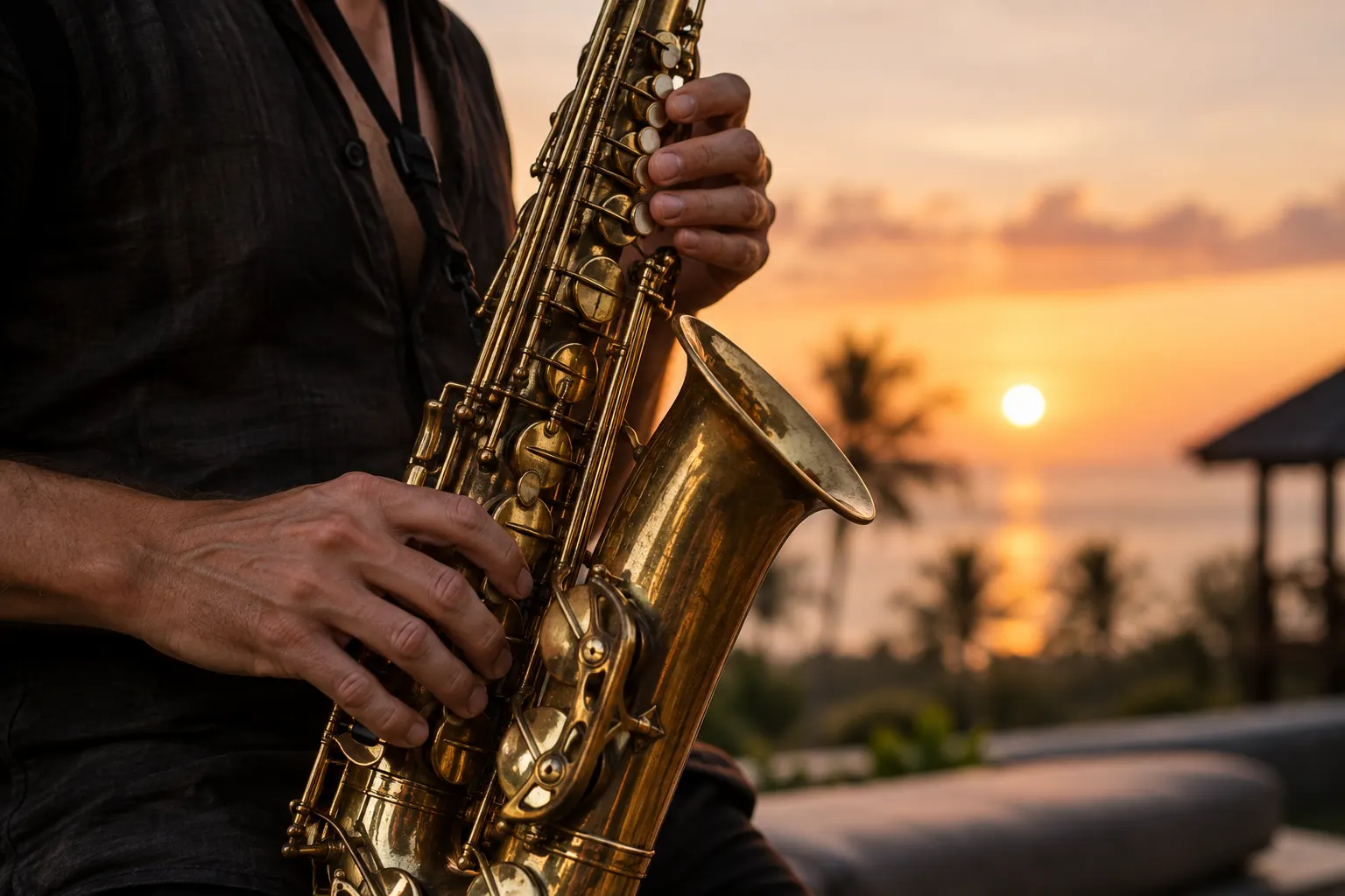Brass saxophone and the performer’s hands against a soft sunset backdrop