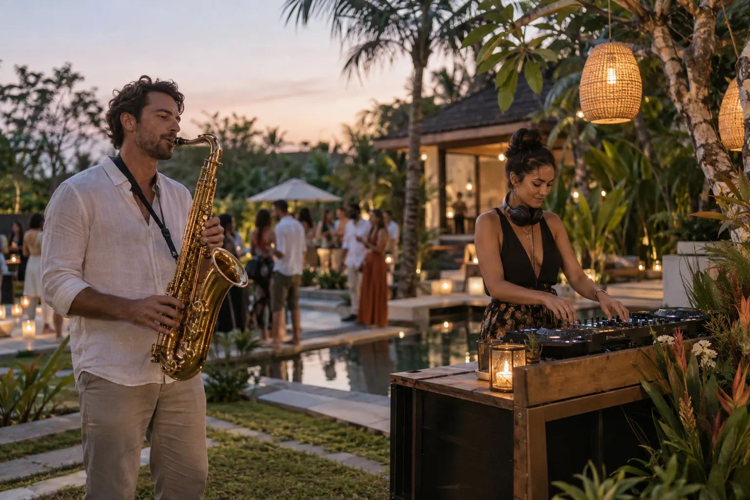 Saxophonist performing alongside a DJ at a tropical garden reception