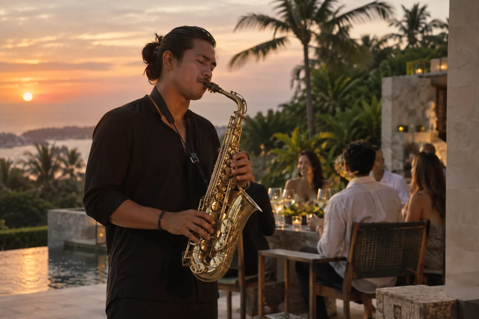 Saxophonist playing a brass instrument on a villa terrace at sunset