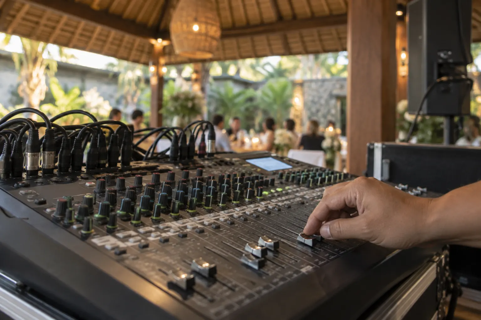 Audio technician adjusting a mixing desk in a covered event pavilion