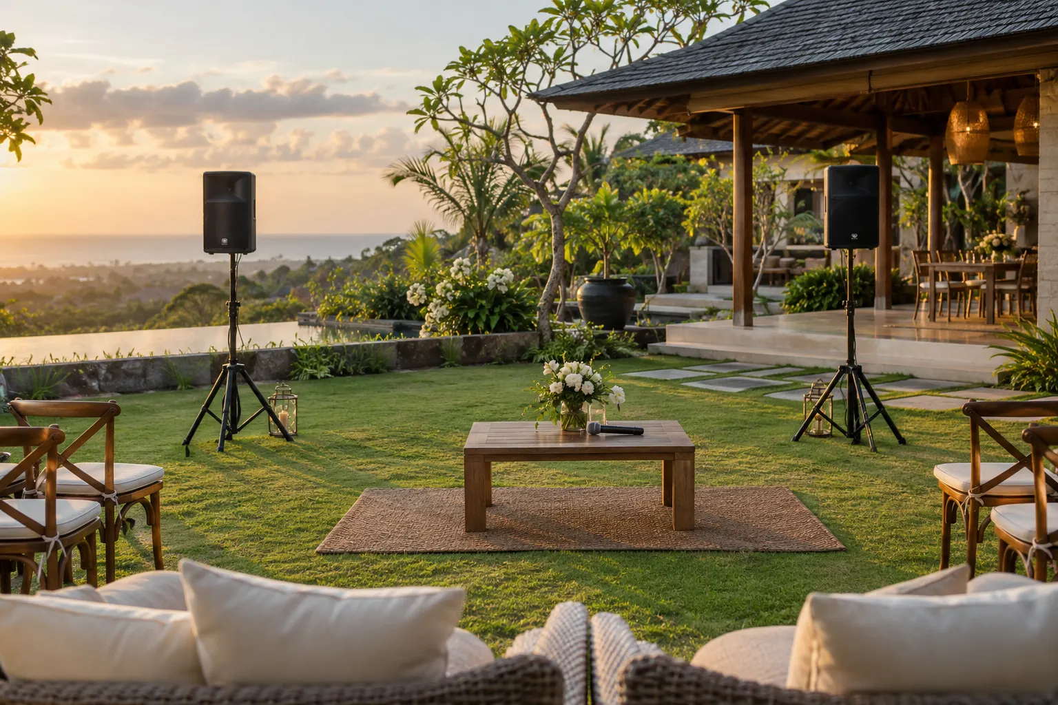 Discreet PA speakers and a speech microphone on a villa terrace