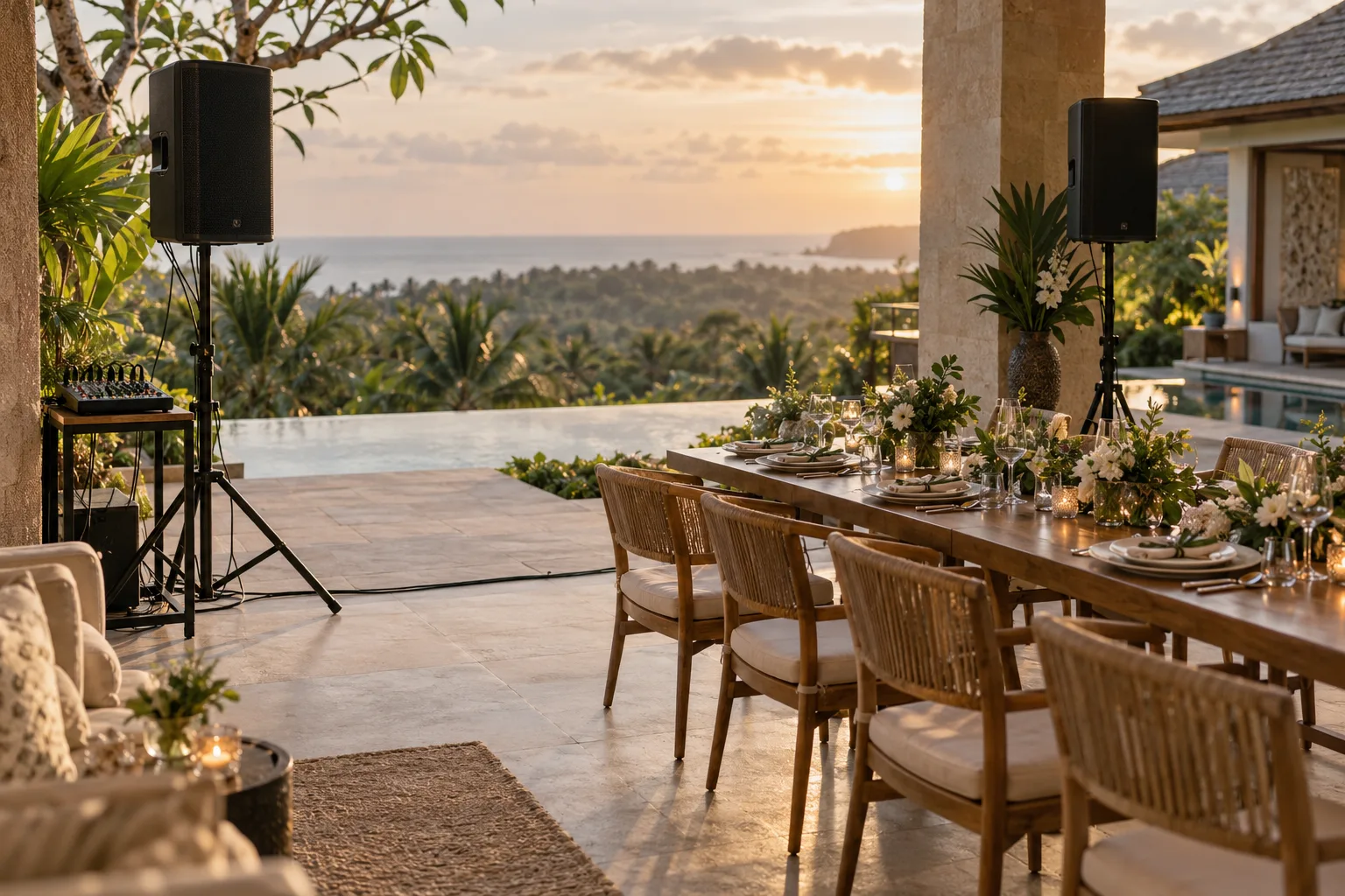 Two PA speakers and a mixing desk arranged beside a villa dining terrace