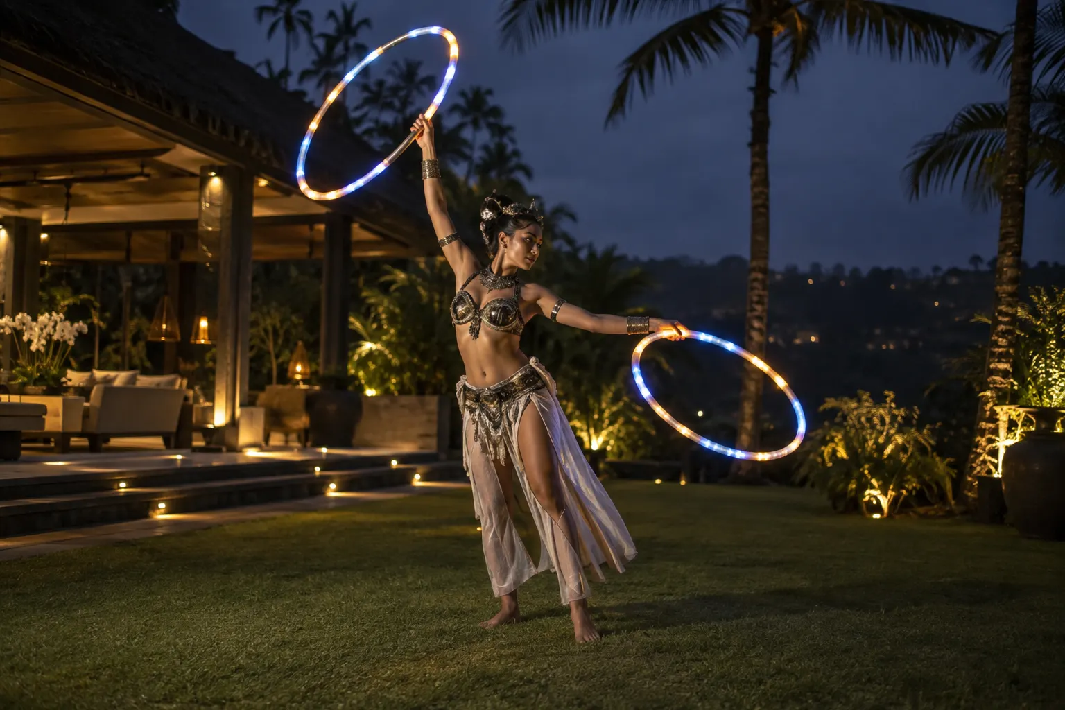 LED hoop performer creating light arcs in a tropical garden at dusk