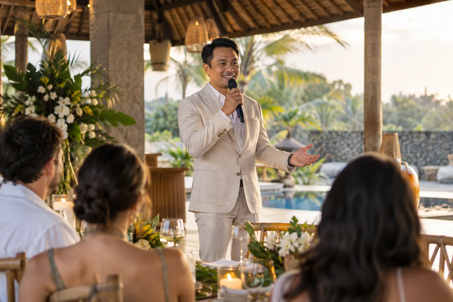 Event host speaking into a microphone in a covered villa reception space