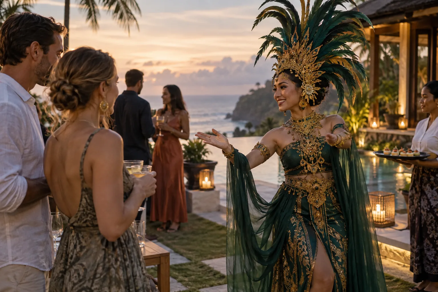 Costumed performer in emerald and gold greeting guests at a villa reception