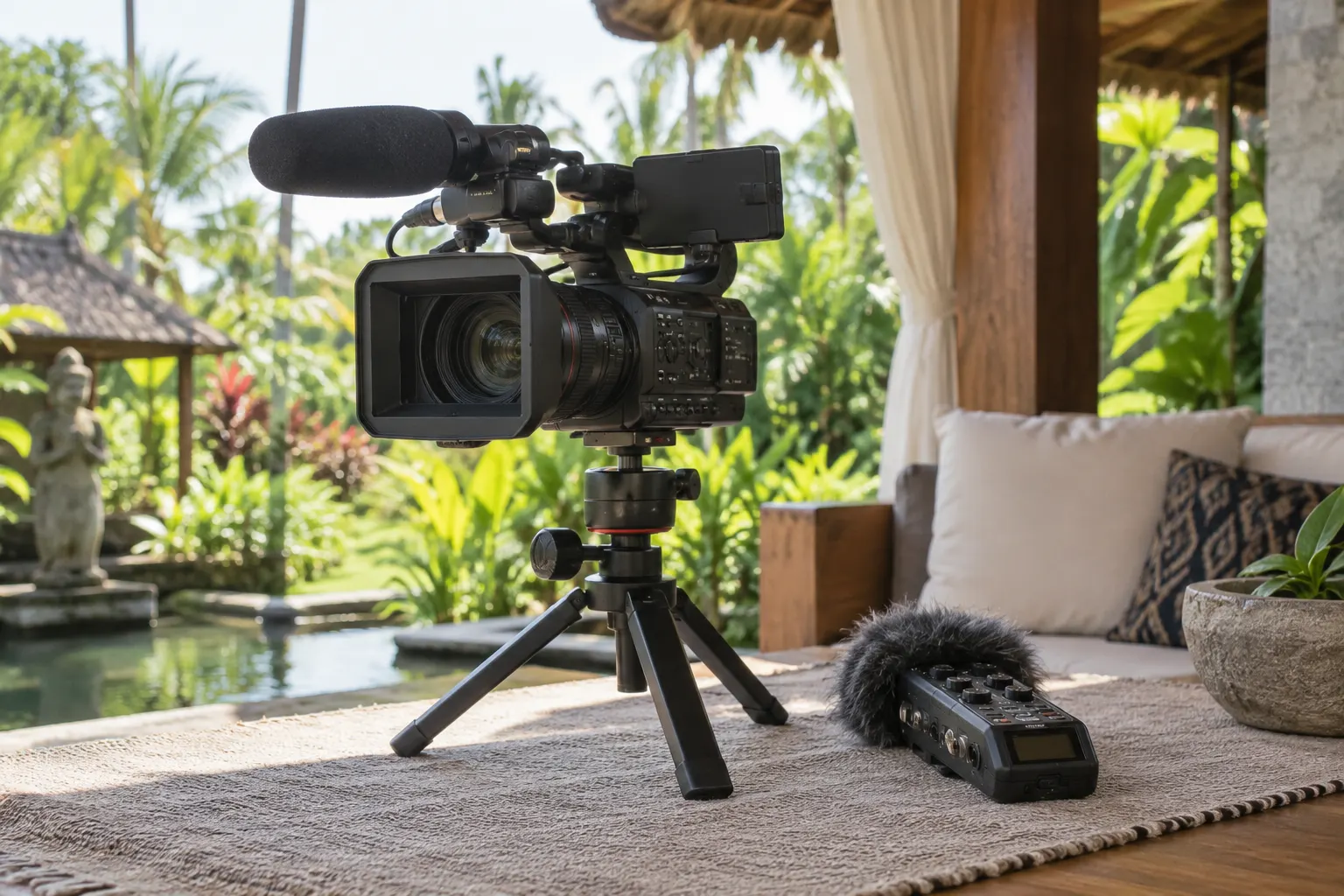 Video camera and compact audio recorder on a covered terrace