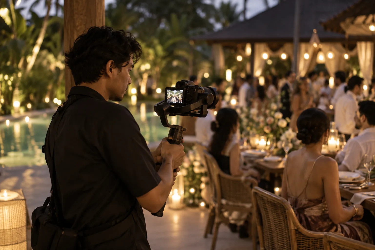 Videographer operating a camera gimbal at a tropical villa reception