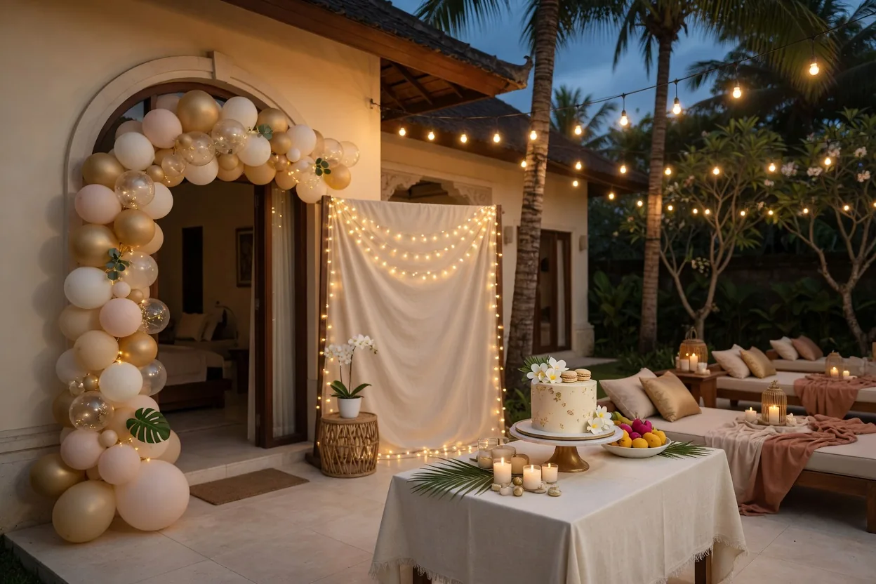 Champagne balloon arch, photo backdrop and cake table at a Bali villa birthday