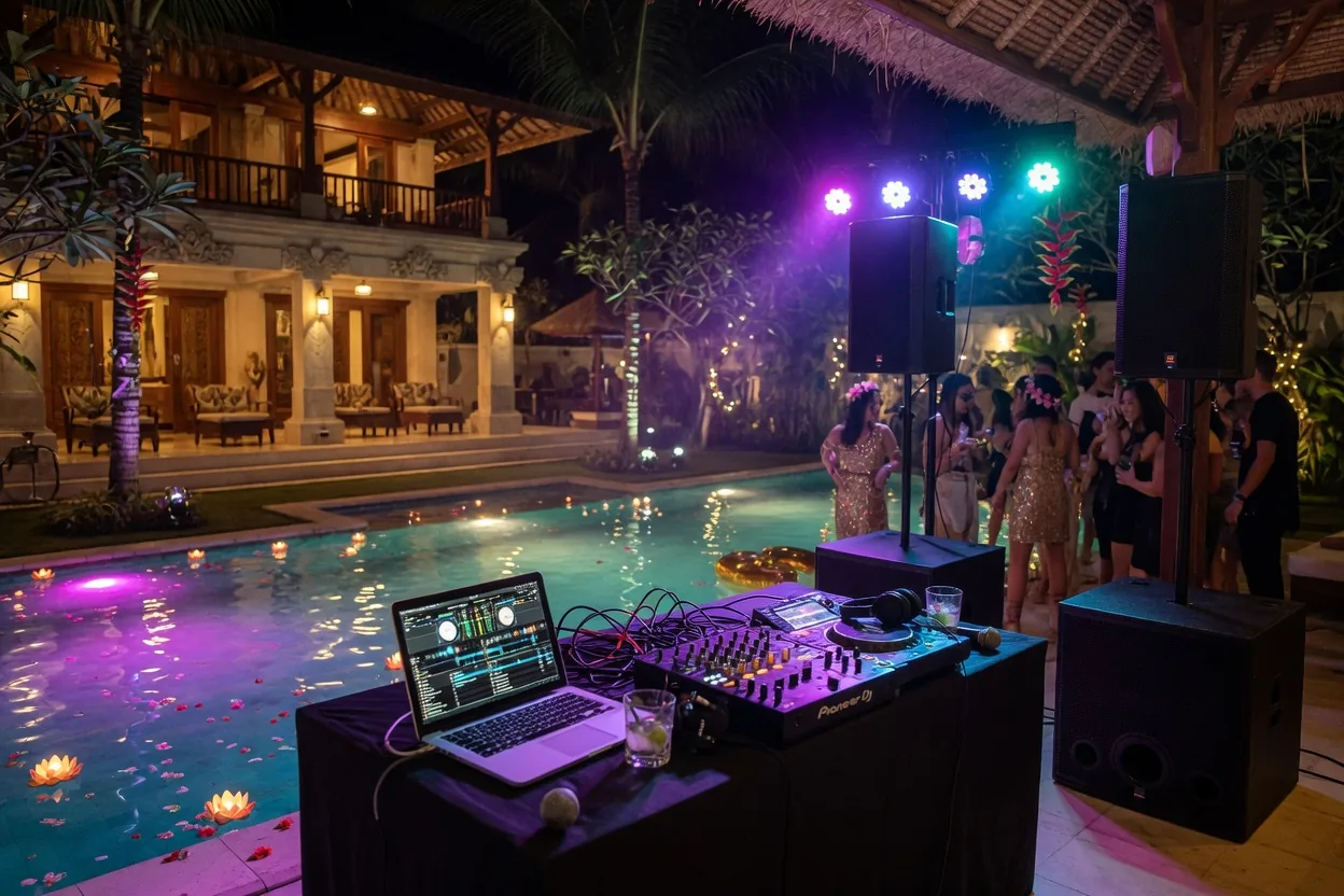 Professional DJ booth and PA system at a Bali villa pool birthday party