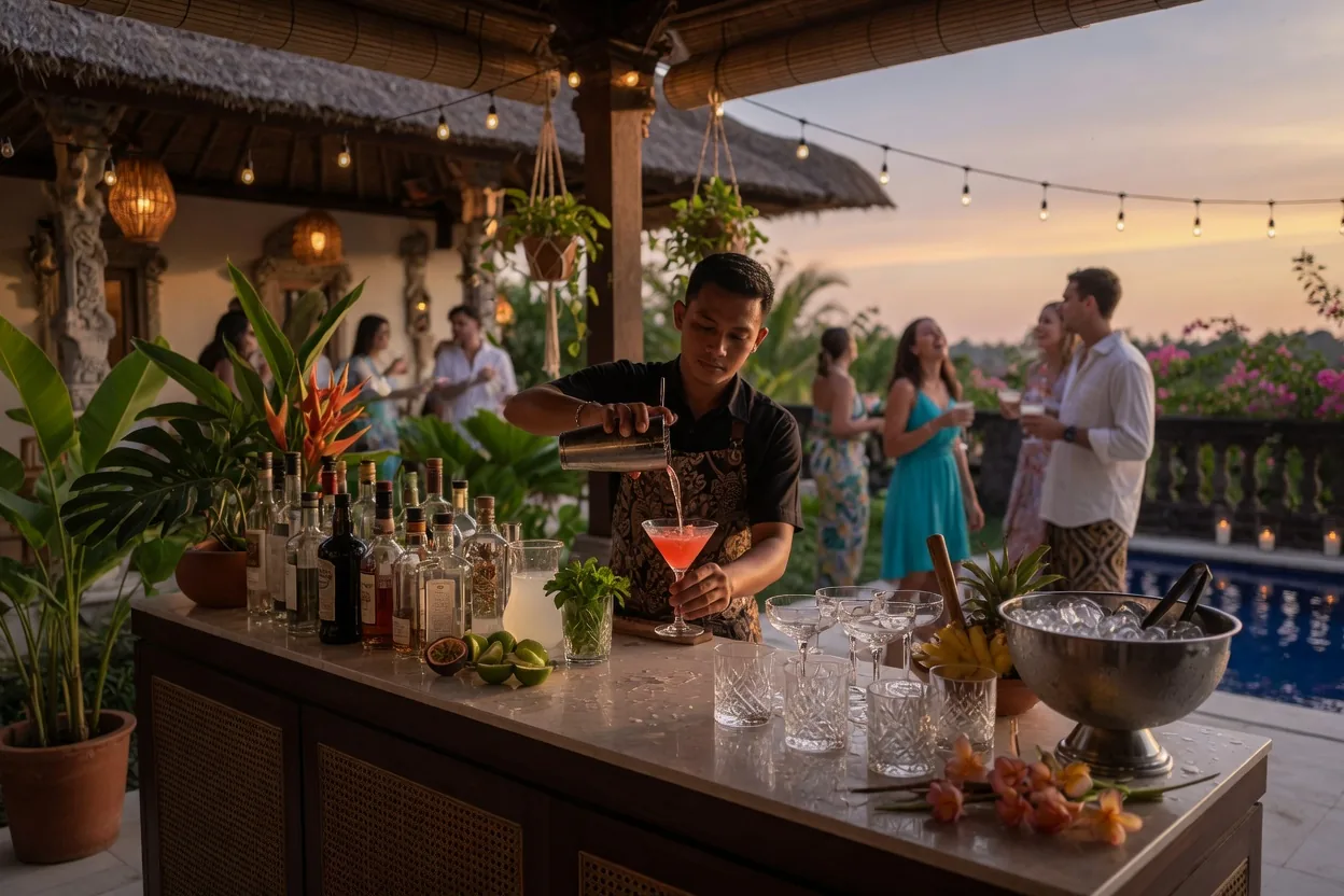 Bartender pouring cocktails at an open bar for a Bali villa birthday