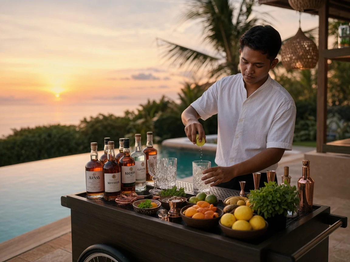 BYO cocktail bar setup with mixers, glassware and fresh garnishes at a Bali villa