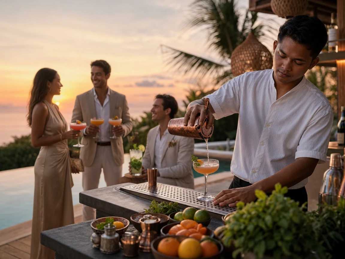 Guests enjoying four-hour free-flow cocktails at a Bali villa party